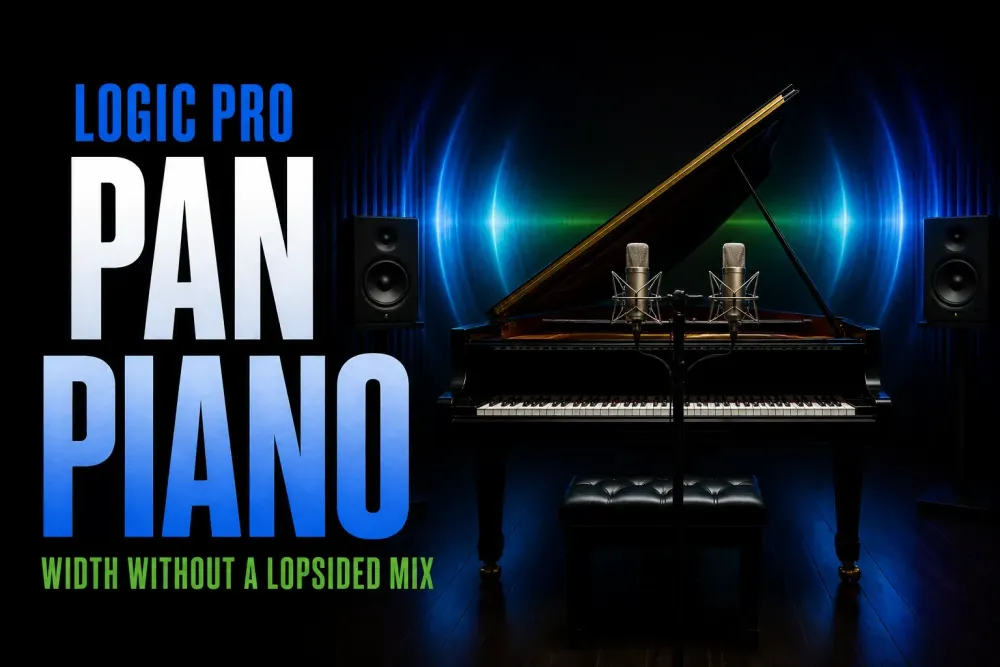 Stereo grand piano centered in a Logic Pro mixing setup