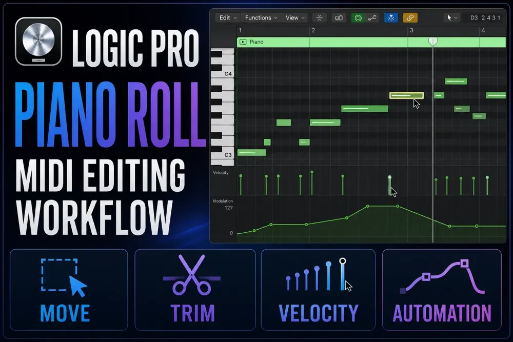 Selected MIDI chord and velocity bars on a dark piano-roll grid