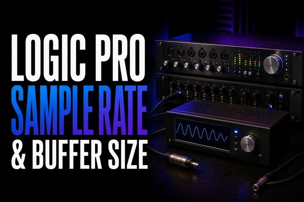 Logic Pro sample rate and buffer size cover with studio audio interface and master-clock hardware