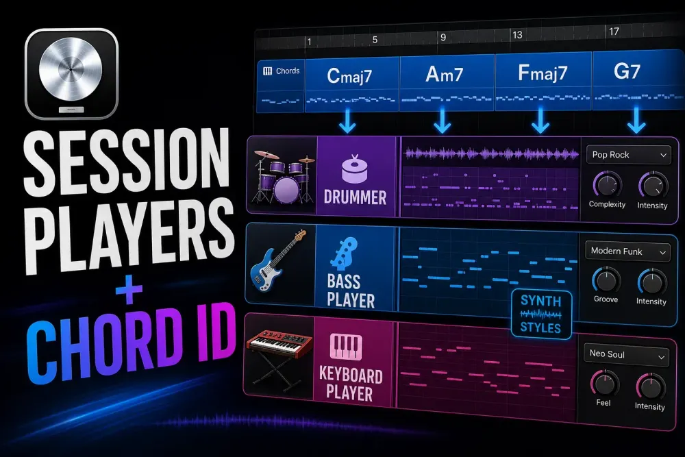 Logic Pro-style Chord track driving color-coded bass, keyboard, synth and drummer Session Player regions