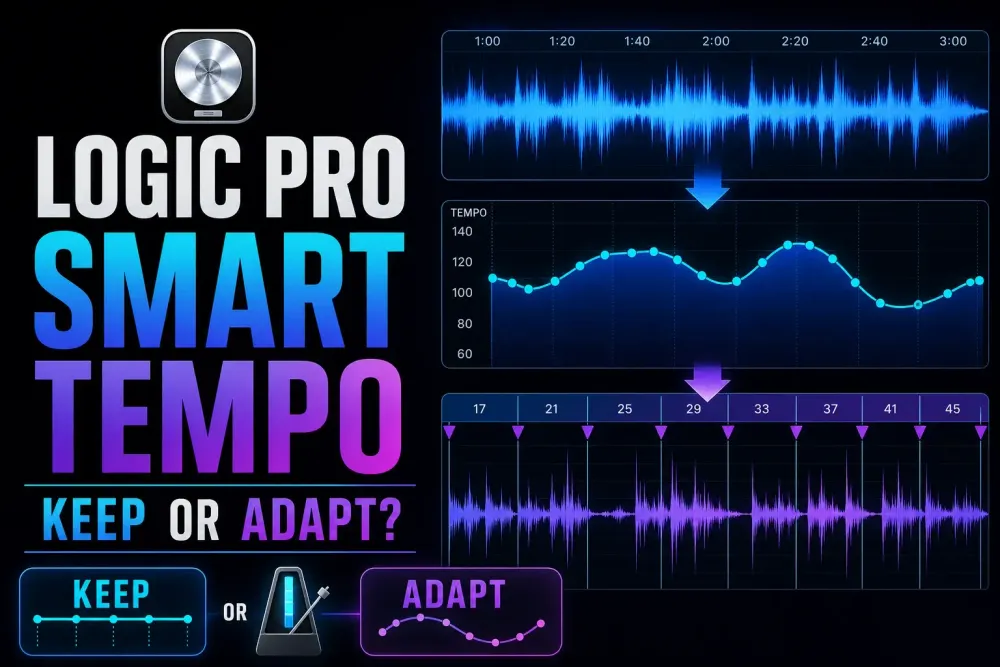 Logic Pro-style Smart Tempo analysis turning a free acoustic guitar performance into a tempo map and aligned beat grid