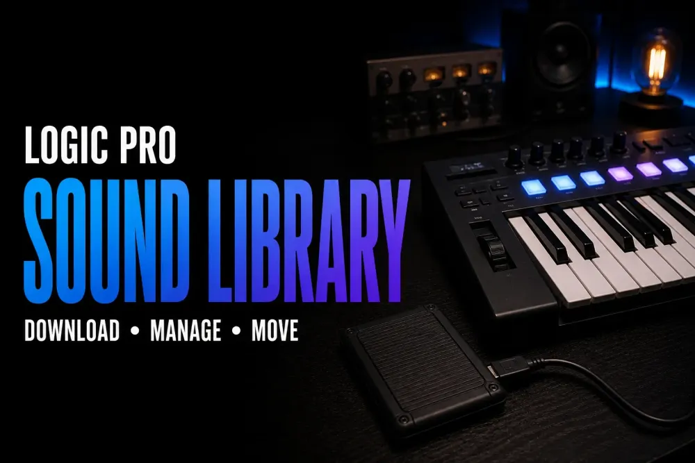 Logic Pro Sound Library setup with a MIDI keyboard and external SSD