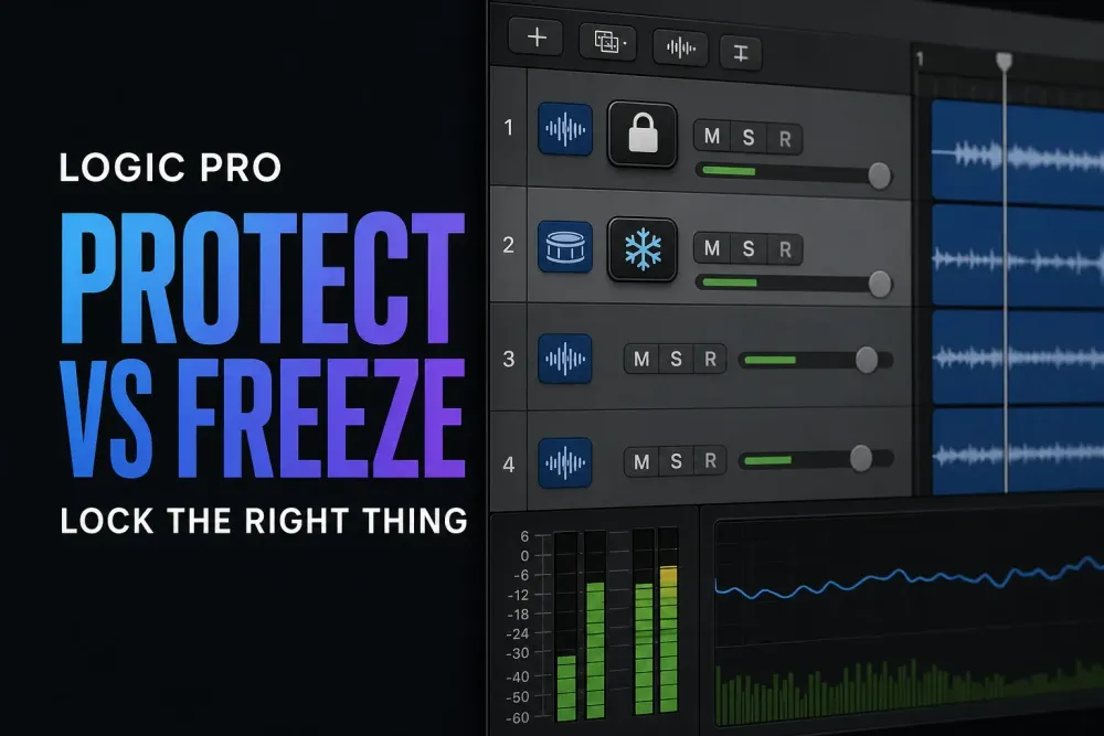 Logic Pro track headers comparing Protect and Freeze controls