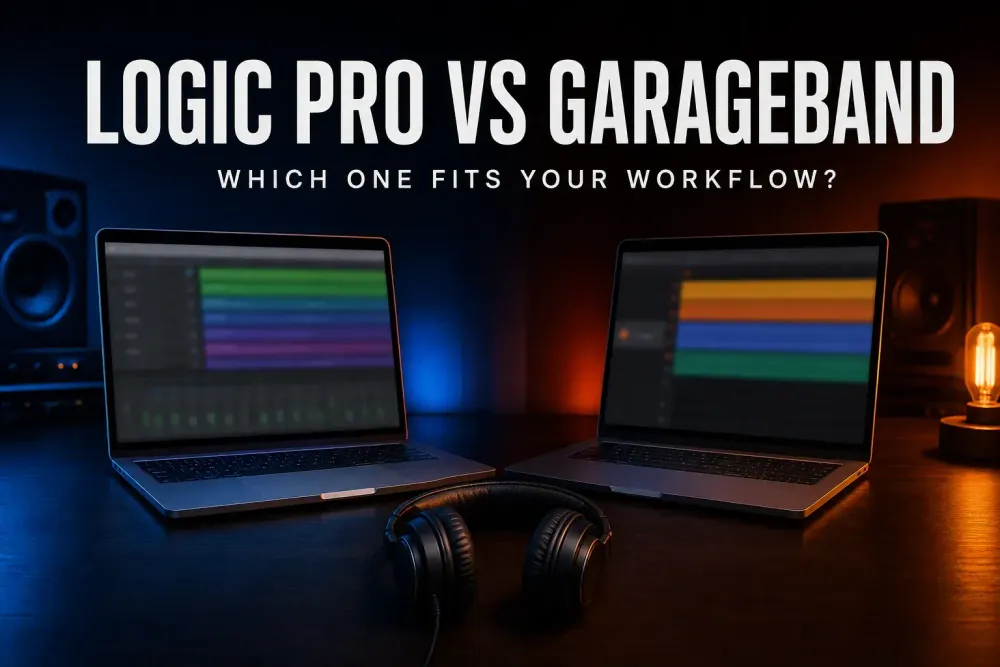 Logic Pro and GarageBand compared on two Mac laptops in a dark home studio