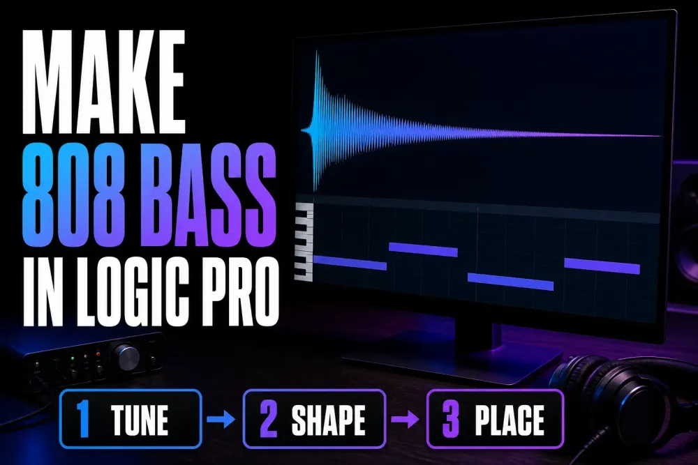 808 bass workflow in Logic Pro with a long-decay waveform and MIDI bass notes
