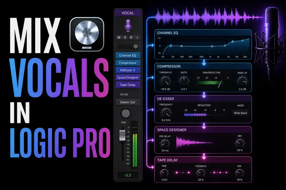 Logic Pro-style vocal channel with EQ, compressor, de-esser, reverb, delay and automation displayed in a dark studio