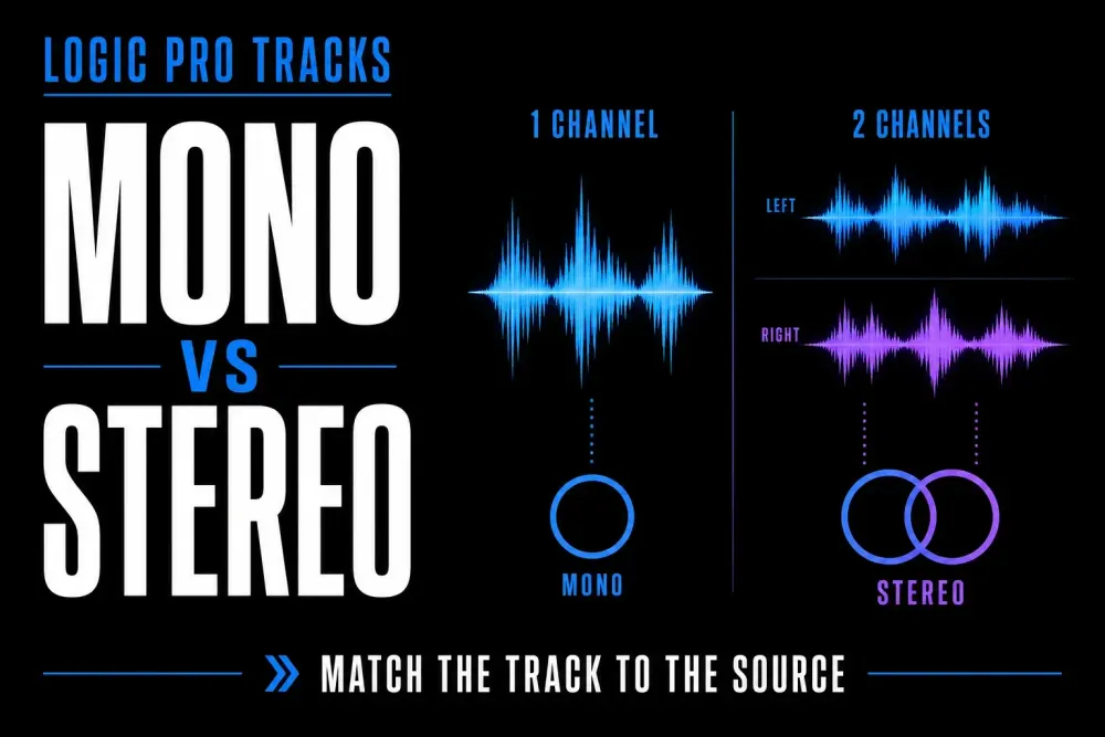 One-channel mono waveform compared with two-channel stereo waveforms in Logic Pro