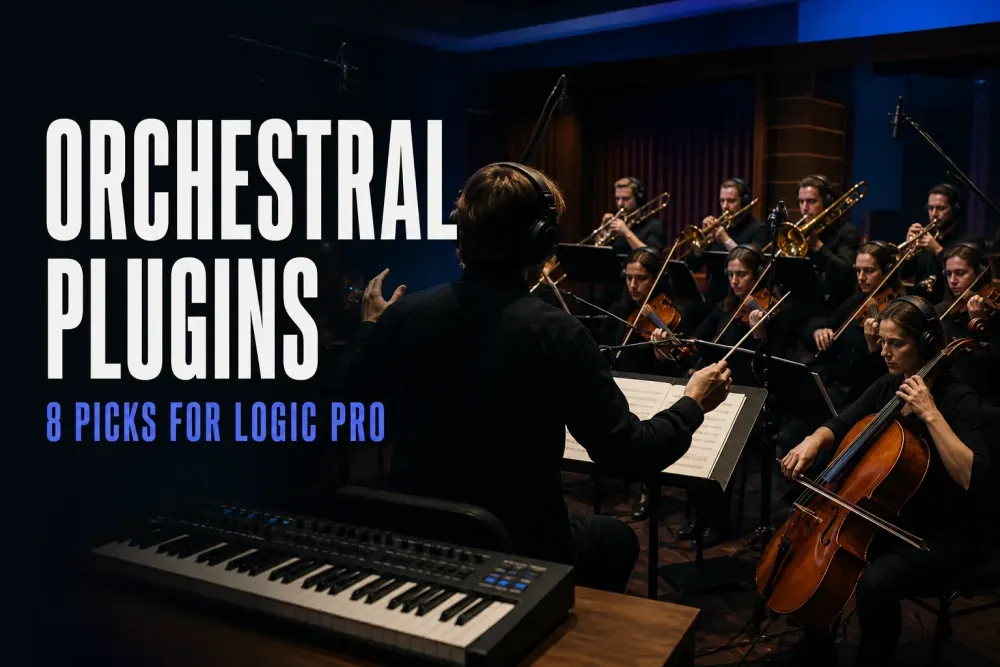Orchestral plugins for Logic Pro with conductor, players and MIDI keyboard