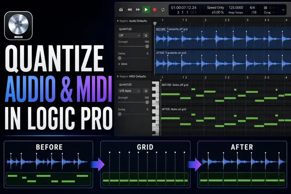 MIDI notes and an audio waveform tightening toward a timing grid