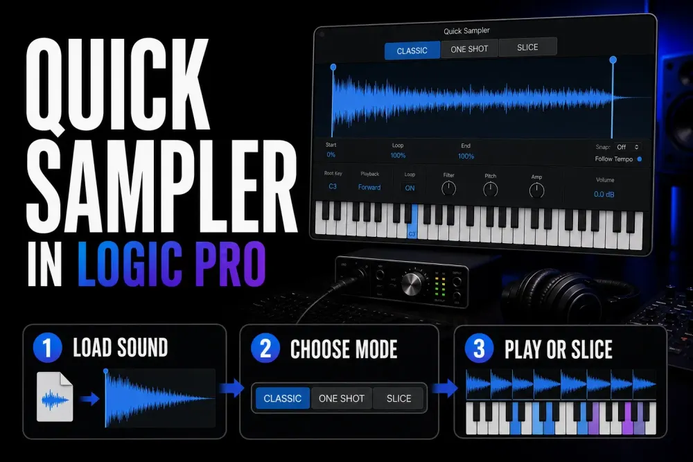 Quick Sampler in Logic Pro with a waveform, playback modes and a three-step sampling workflow