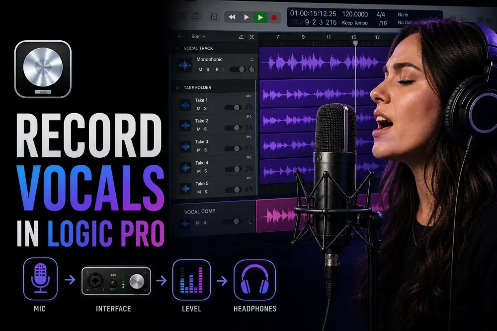 Vocalist recording through a condenser microphone beside stacked Logic Pro-style take folders and a vocal comp