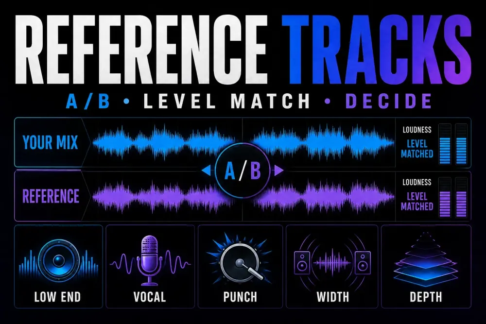 Level-matched A B comparison between a Logic Pro mix and reference track