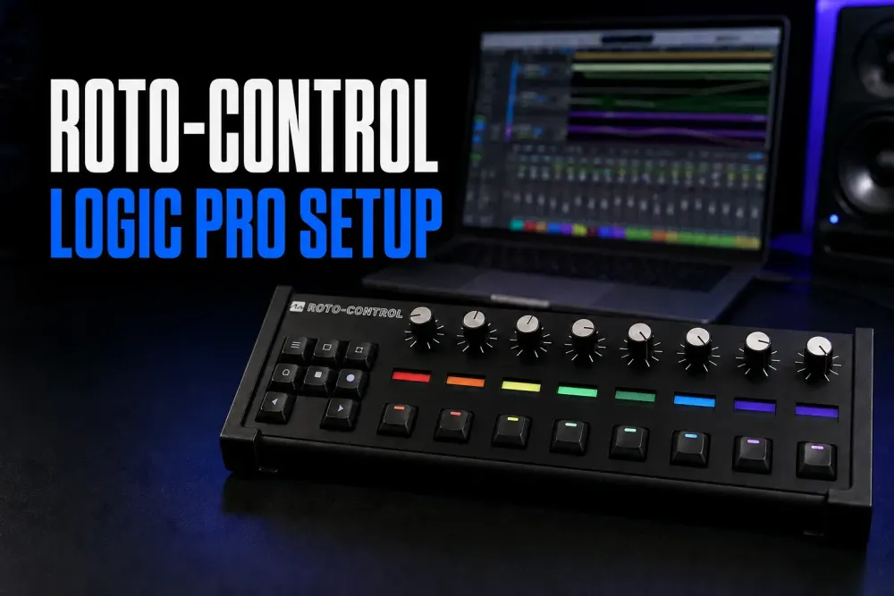 ROTO-CONTROL motorized controller in front of a Logic Pro session