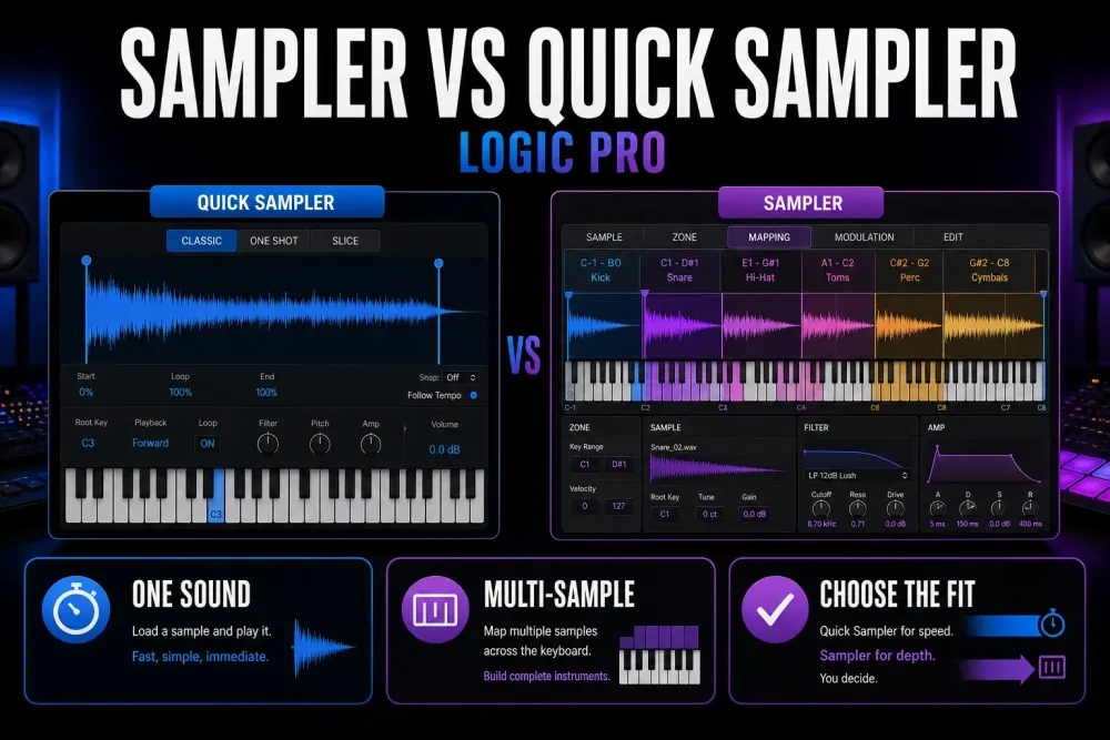 Logic Pro Sampler and Quick Sampler compared by single-sound and multisample workflows