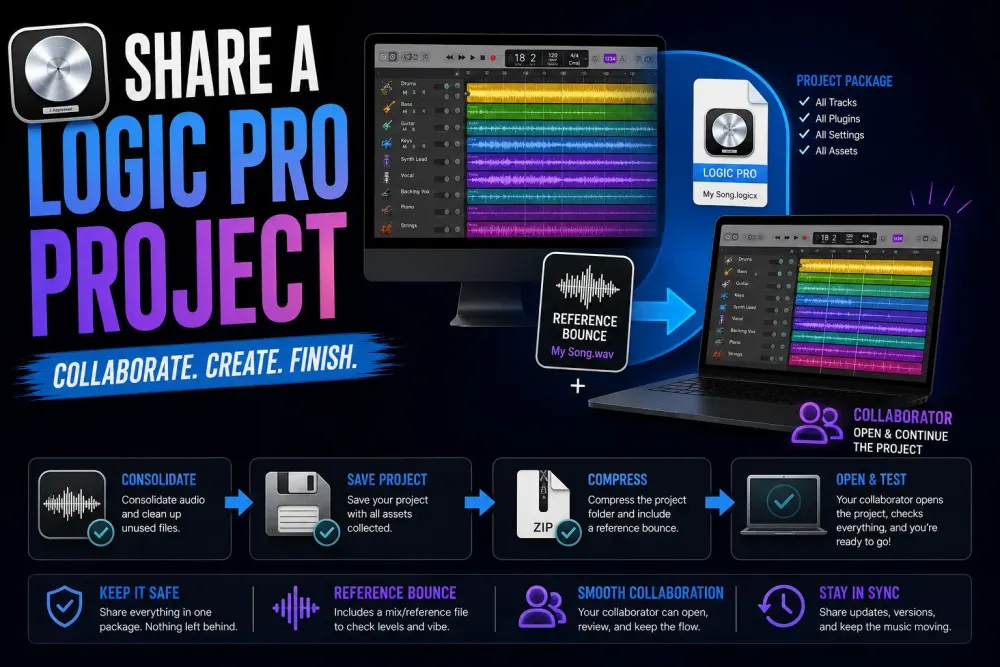 Consolidated Logic Pro-style project package transferred from a studio workstation to a collaborator laptop