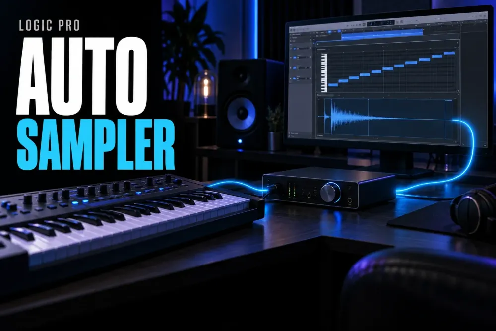 Logic Pro Auto Sampler window beside keyboard zones for a multisampled instrument
