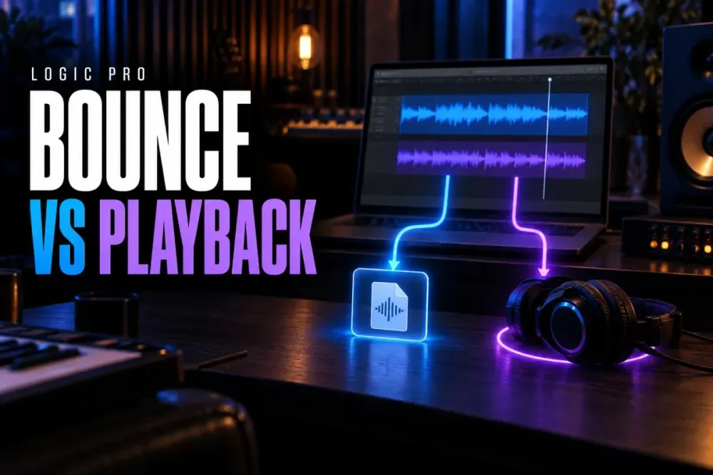 Logic Pro themed studio cover reading Bounce vs Playback beside a laptop, audio-file icon and headphones illustrating two playback paths