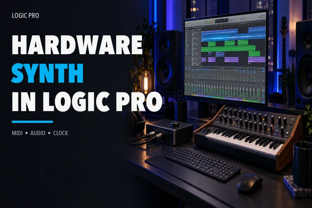 Hardware synthesizer, audio interface and Logic Pro session connected for MIDI and audio routing