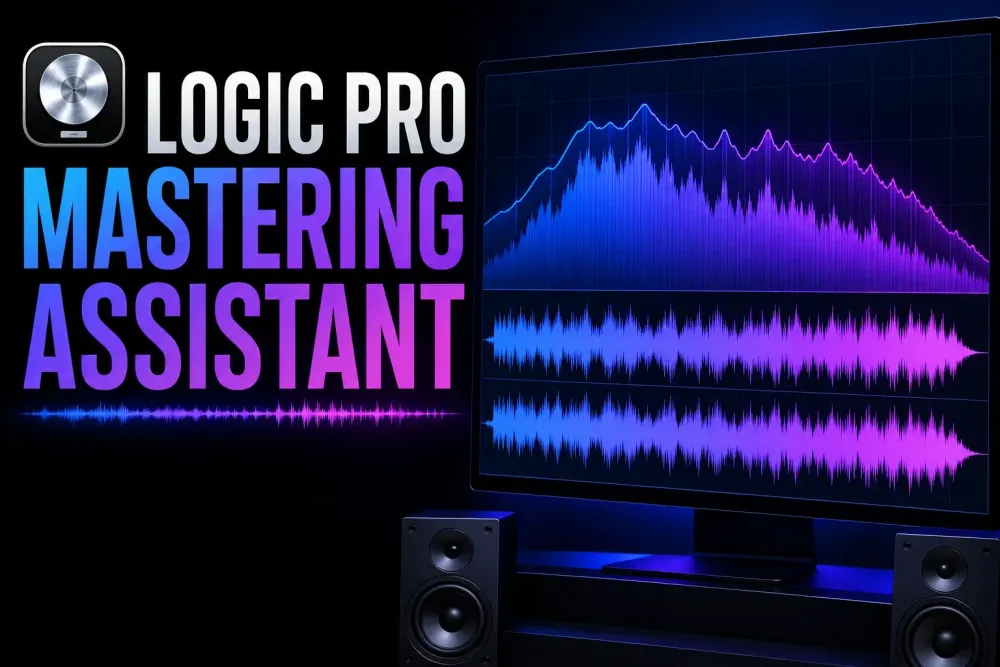 Conceptual stereo waveform and spectrum beside studio speakers for Logic Pro Mastering Assistant