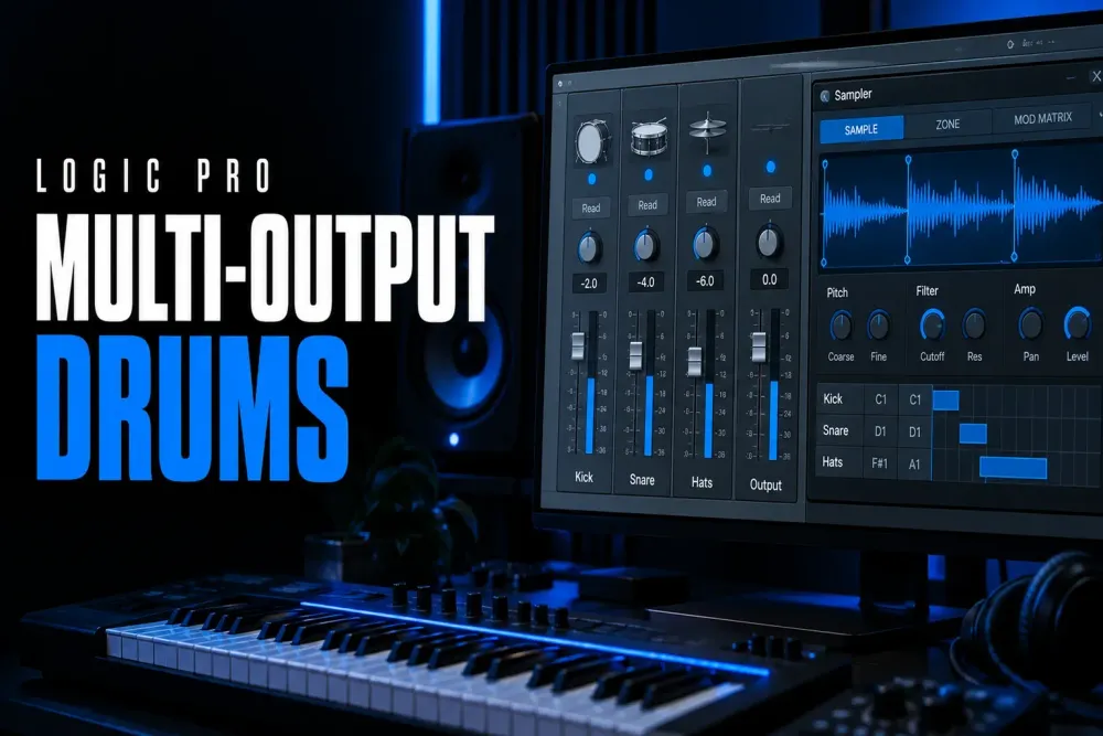 Logic Pro multi-output Sampler with separate drum mixer channels and output routing