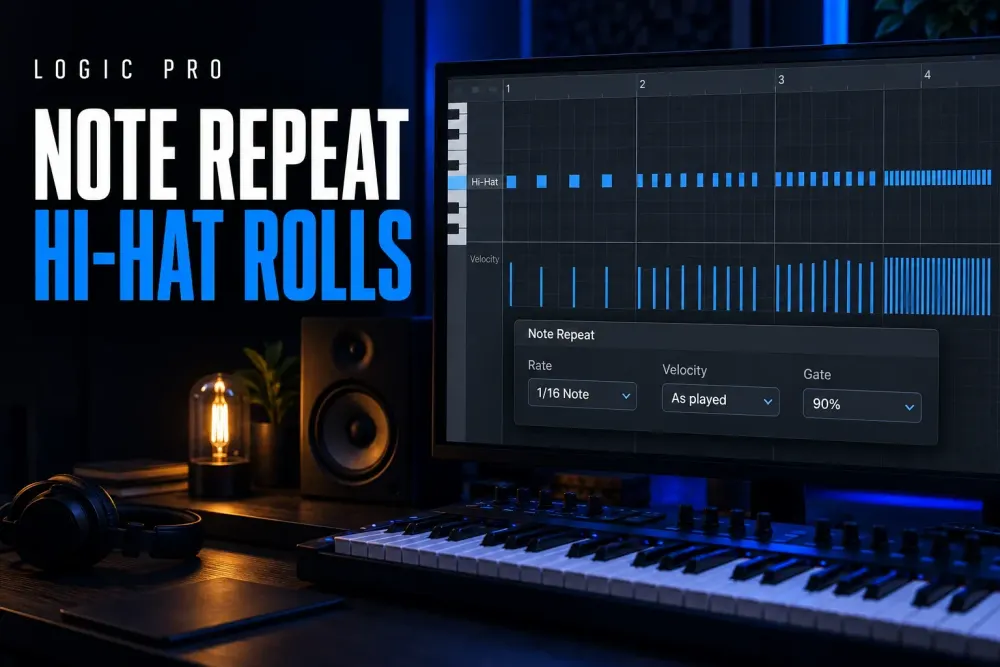 Logic Pro Note Repeat controls beside a rhythmic hi-hat pattern in the Piano Roll