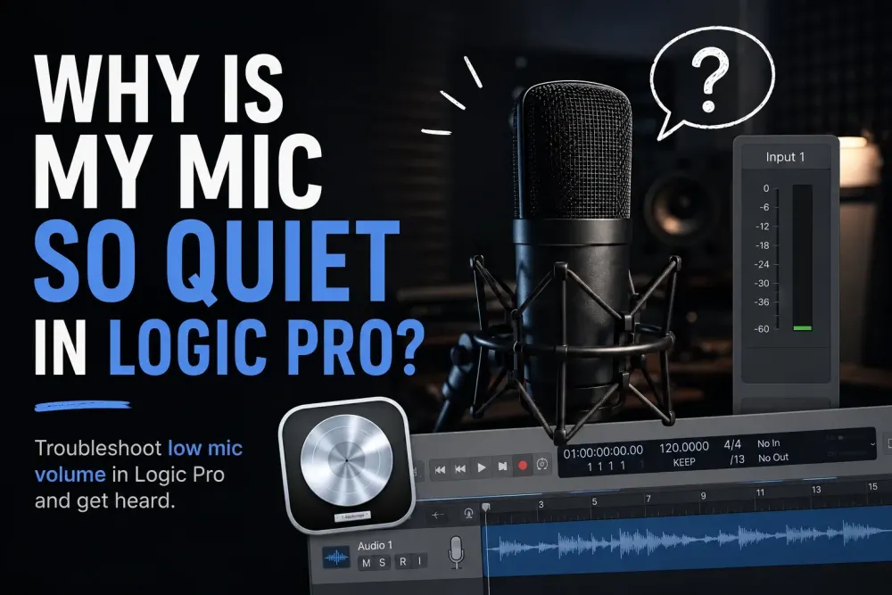 Quiet microphone troubleshooting in Logic Pro with a microphone and low-level meter