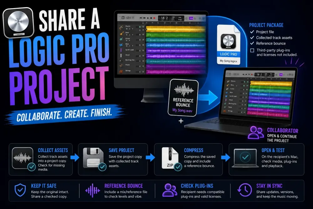 Logic Pro project-sharing workflow with collected track assets, a reference bounce and separate plug-in requirements