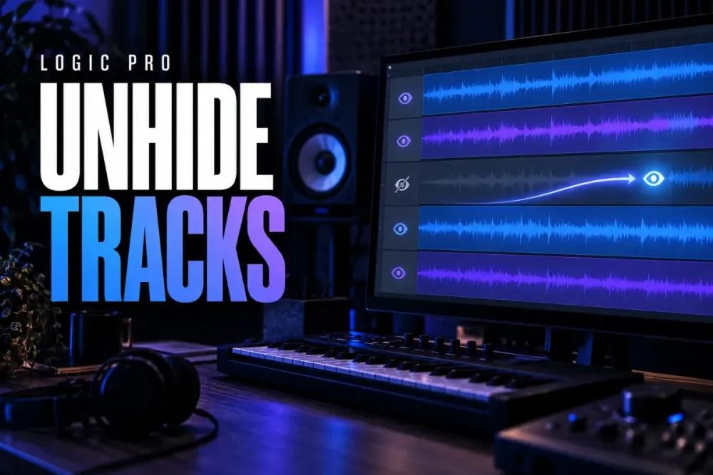 Logic Pro themed studio cover reading Unhide Tracks beside a monitor showing stacked blue and violet audio tracks with one hidden track being revealed