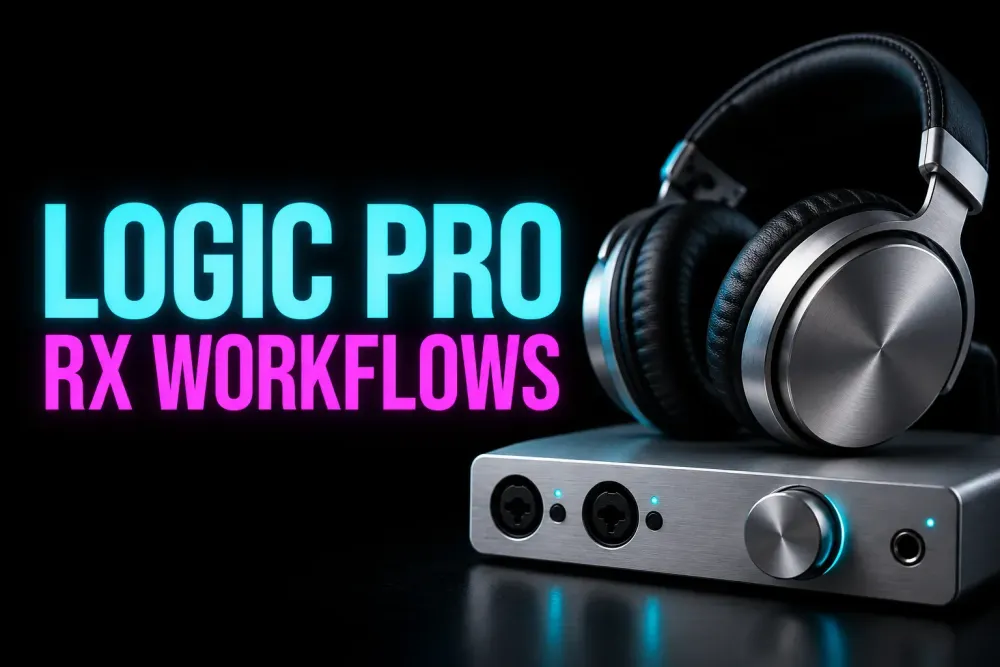 Logic Pro and RX cover with silver headphones and a cyan-lit audio interface on black