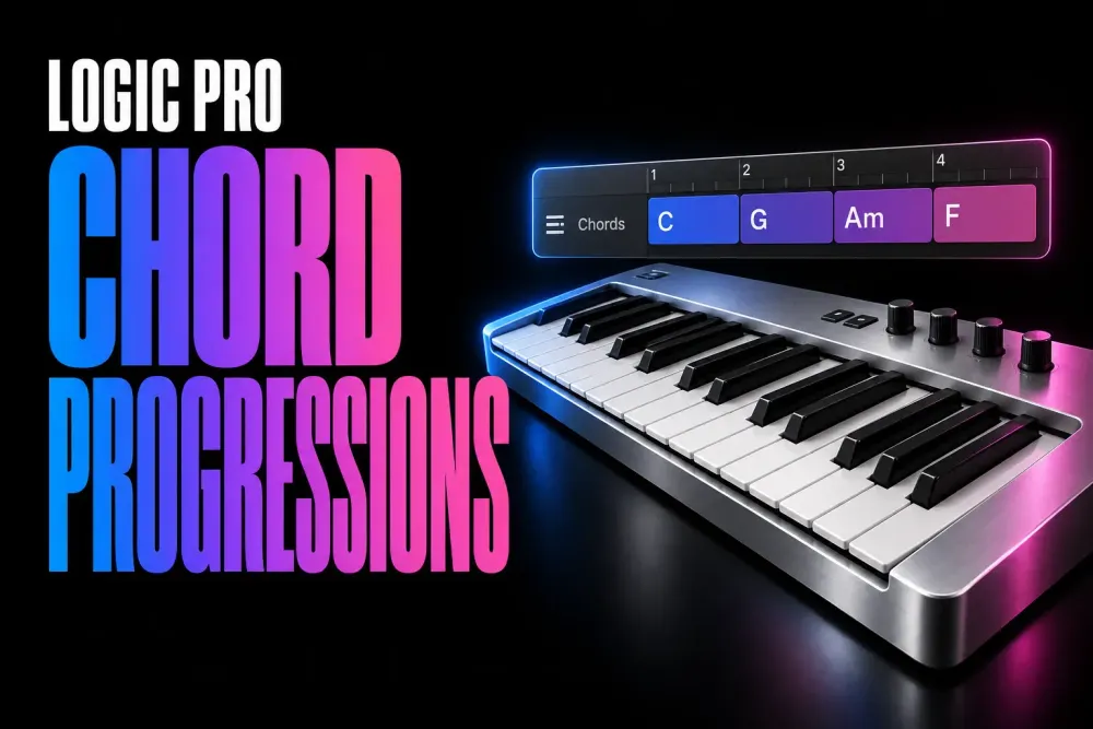 Logic Pro Chord Progressions cover with a silver keyboard and the chords C, G, Am and F on a black background