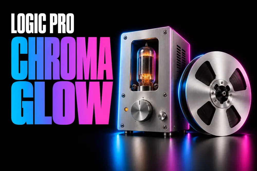 Logic Pro ChromaGlow cover with a silver tube preamp and tape reel
