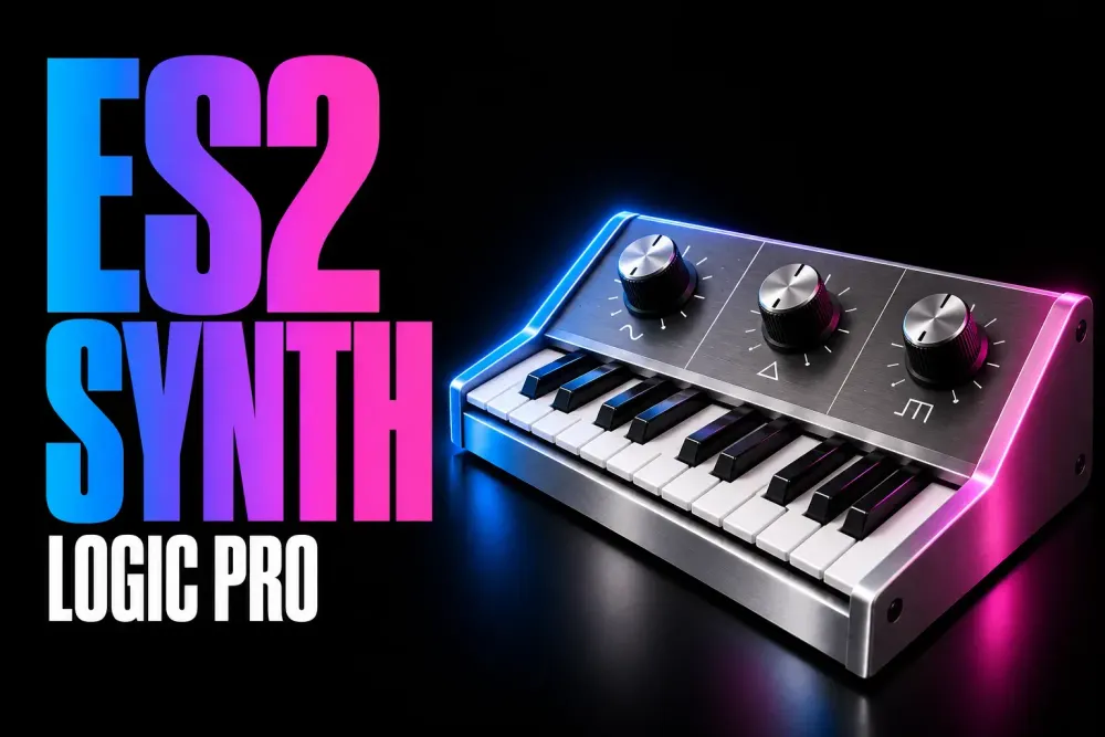 Logic Pro ES2 Synth cover with three silver oscillator knobs and piano keys