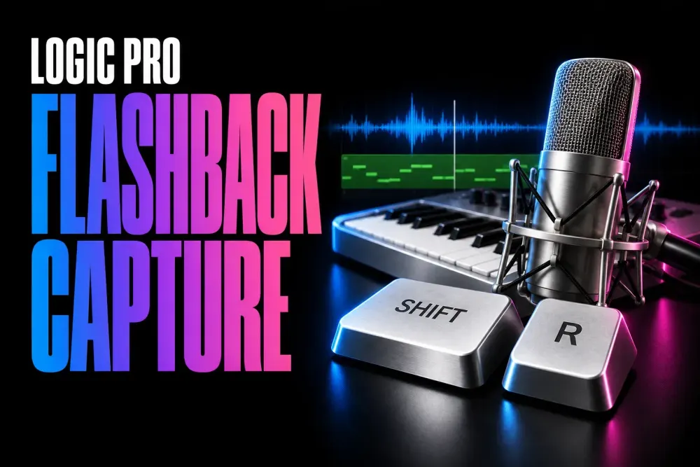Logic Pro Flashback Capture cover with a silver MIDI keyboard, microphone and Shift-R keys