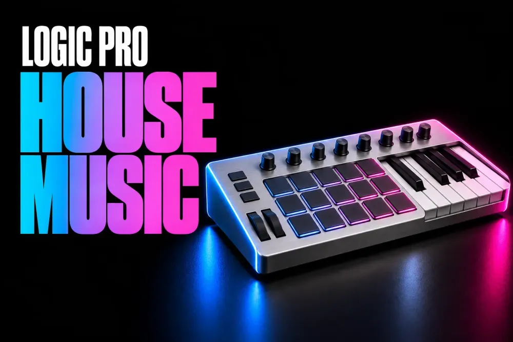 Logic Pro house music cover with a silver drum machine and piano keys on a black background