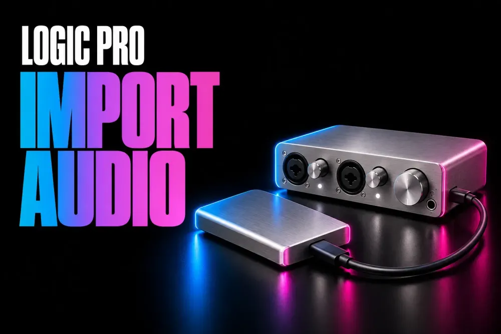 Logic Pro import audio cover with a silver portable SSD and recording interface