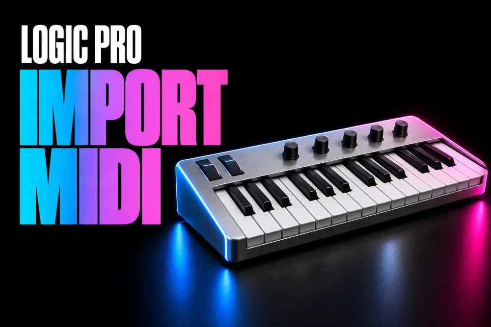 Logic Pro import MIDI cover with a silver MIDI keyboard controller