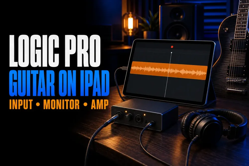 An iPad on a stand showing an orange guitar waveform, a compact audio interface cabled to it, headphones and an electric guitar on a dark desk, with the words Logic Pro Guitar on iPad