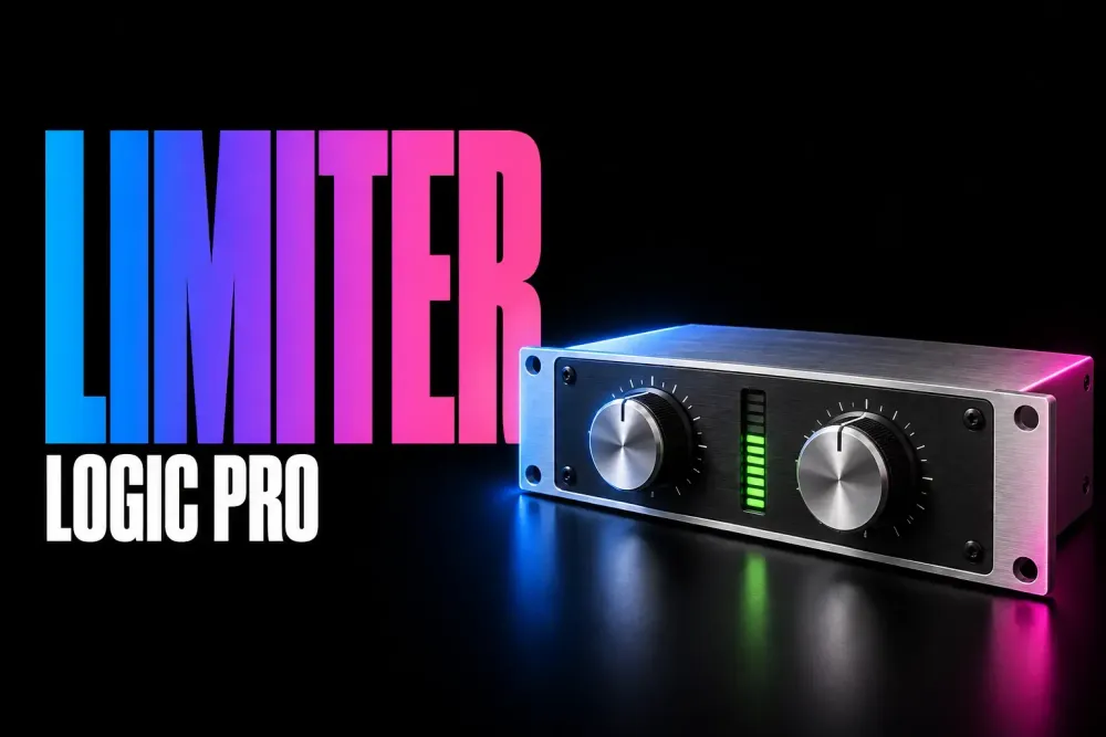 Logic Pro Limiter cover with a silver studio dynamics unit, gain knobs and a green peak meter