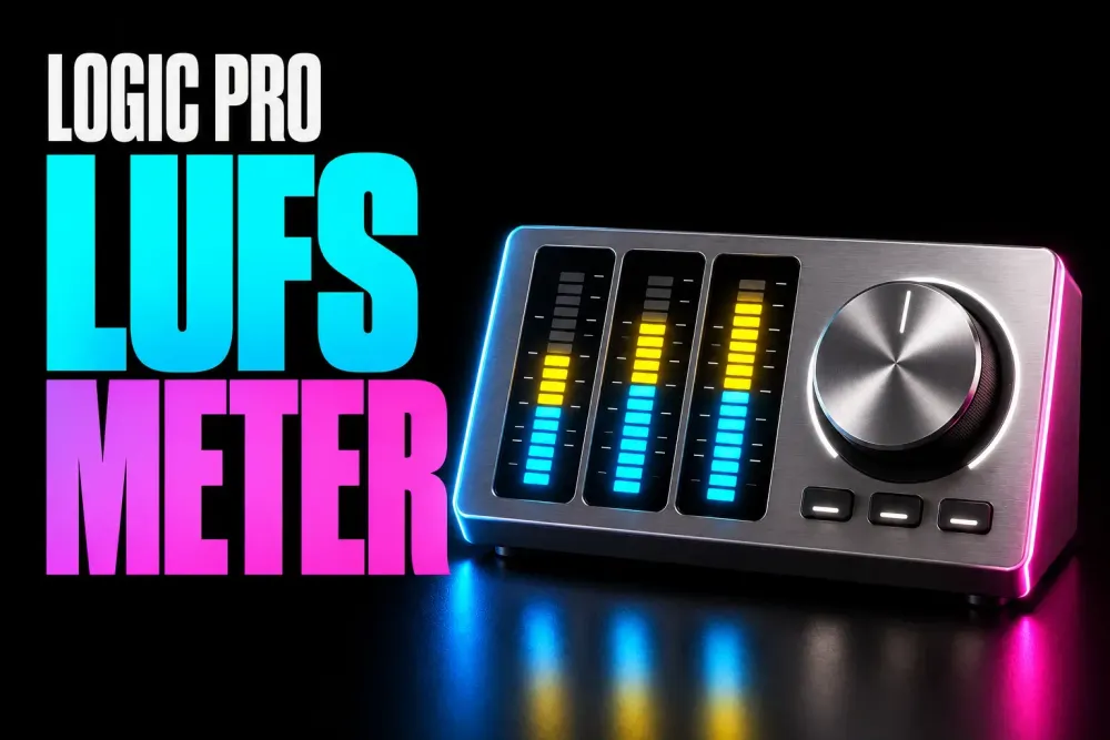 Logic Pro LUFS Meter cover with three illuminated meter bars and a silver studio level control on black