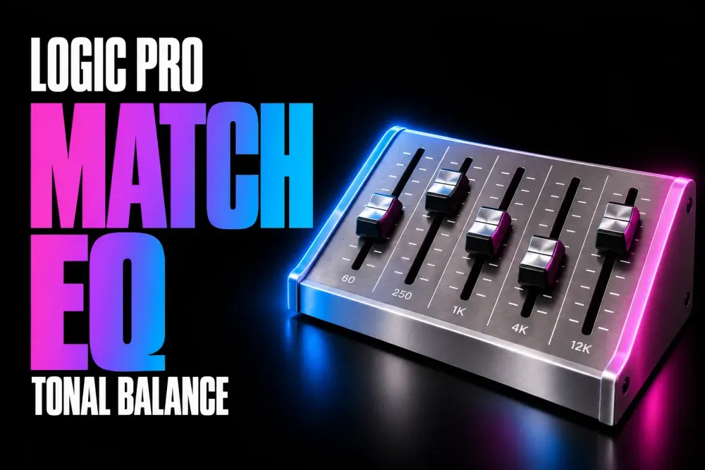 Logic Pro Match EQ cover with silver equalizer faders and violet-blue title