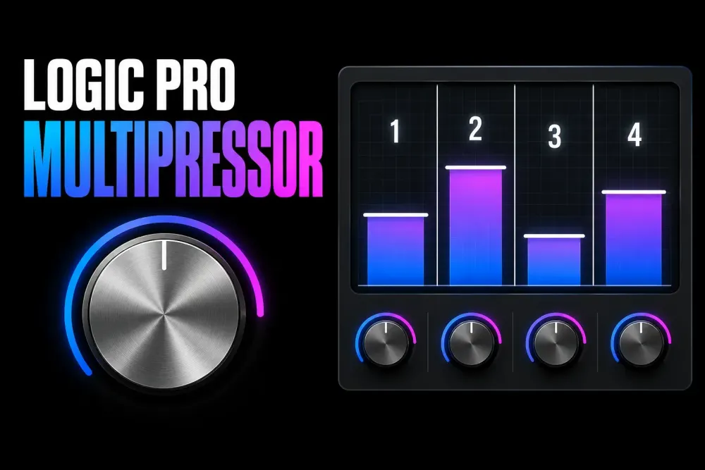 Dark graphic with the words Logic Pro Multipressor, a silver knob and a plug-in display split into four numbered frequency bands, each with a glowing level bar