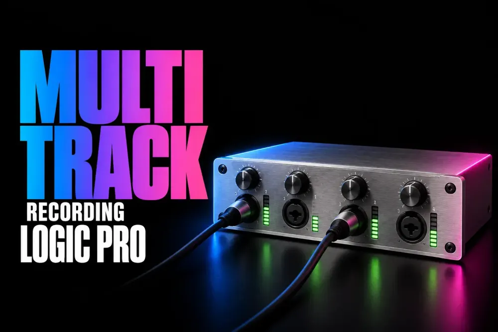 Logic Pro multitrack recording cover with a four-input silver audio interface and two connected cables