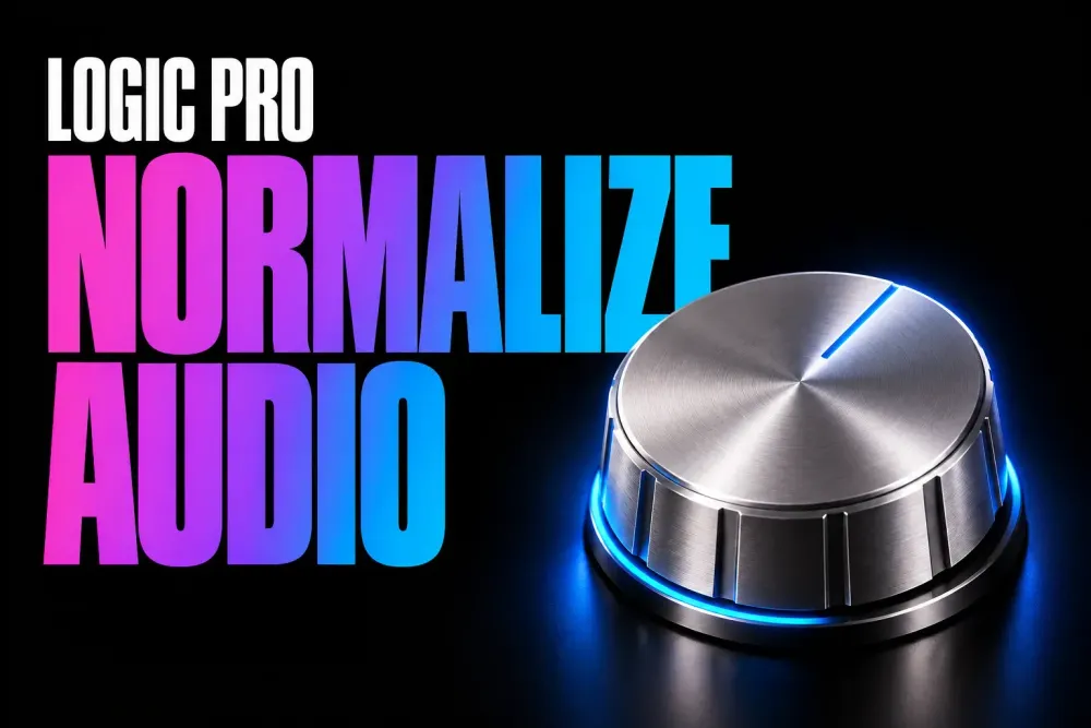 Normalize Audio cover with a silver gain knob and violet-blue Logic Pro title