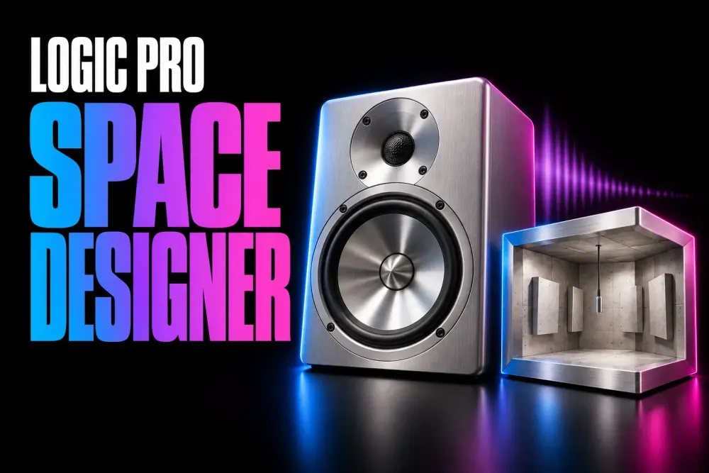 Logic Pro Space Designer cover with a silver studio speaker and a small reverberation chamber
