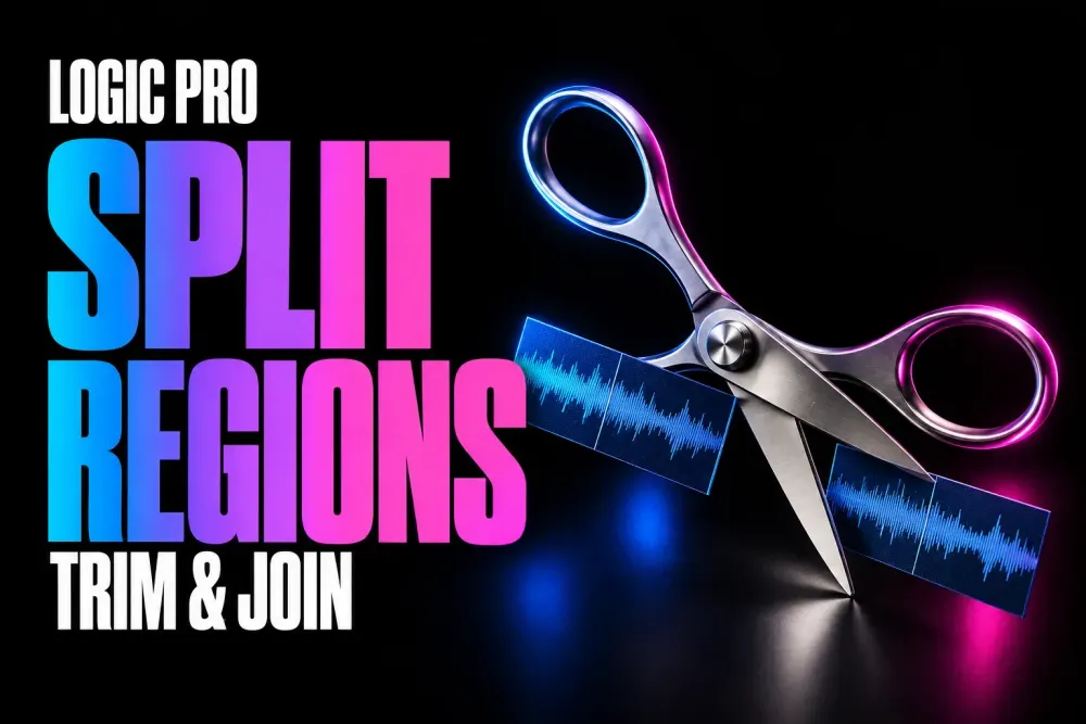 Logic Pro Split Regions cover with silver editing scissors on a black background