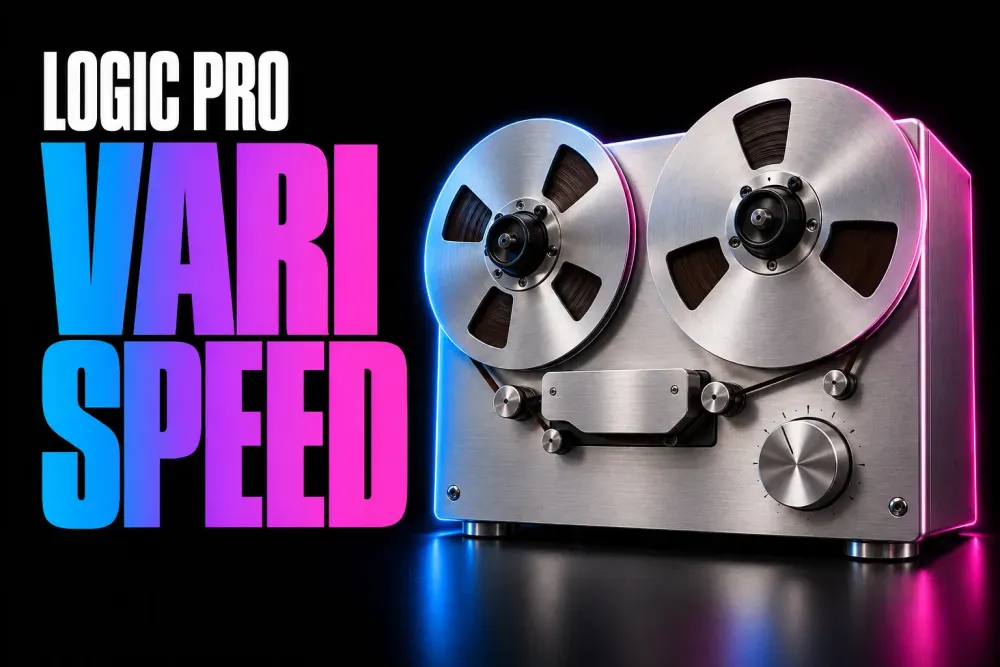 Logic Pro Varispeed cover with a silver reel-to-reel tape machine