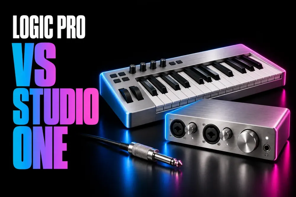 Logic Pro versus Studio One cover with a silver music keyboard and audio interface