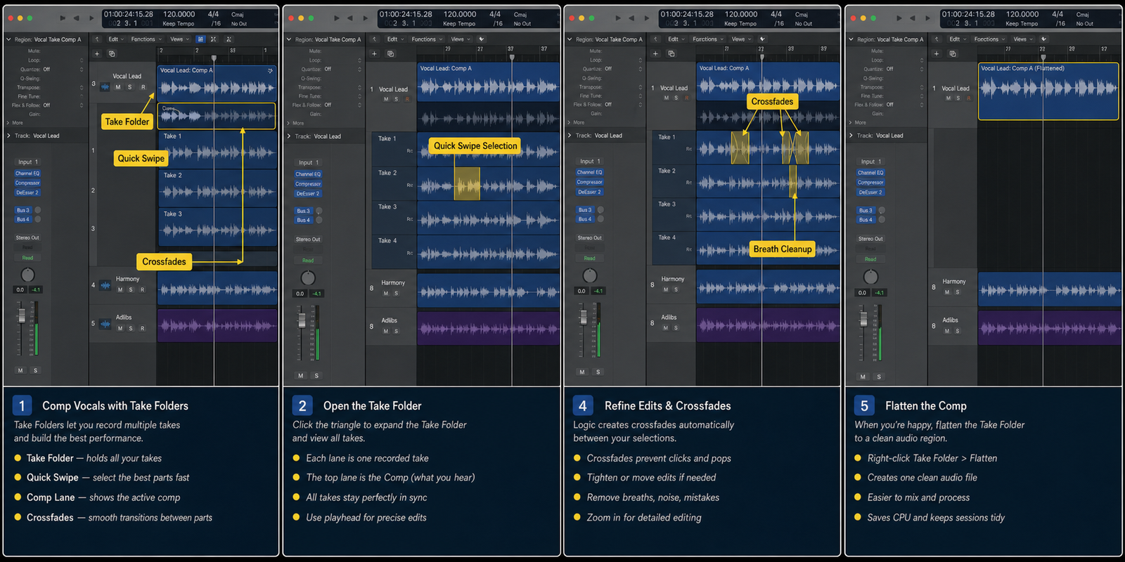 Logic Pro vocal comping with take folders, quick swipe, crossfades, and flattening - GPT Image 2 cover