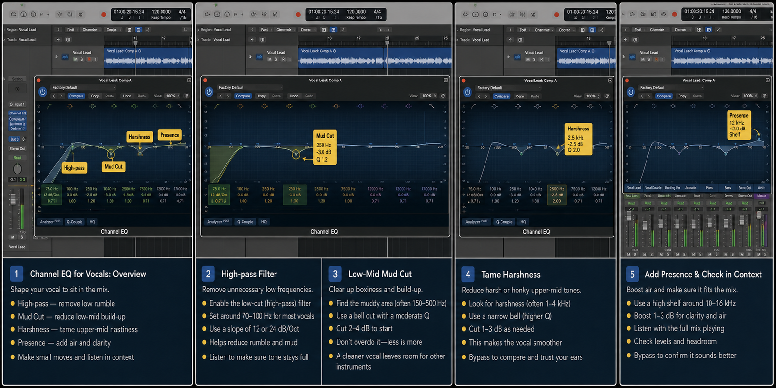 Logic Pro Channel EQ for vocals with high-pass, mud cut, harshness, and presence - GPT Image 2 cover