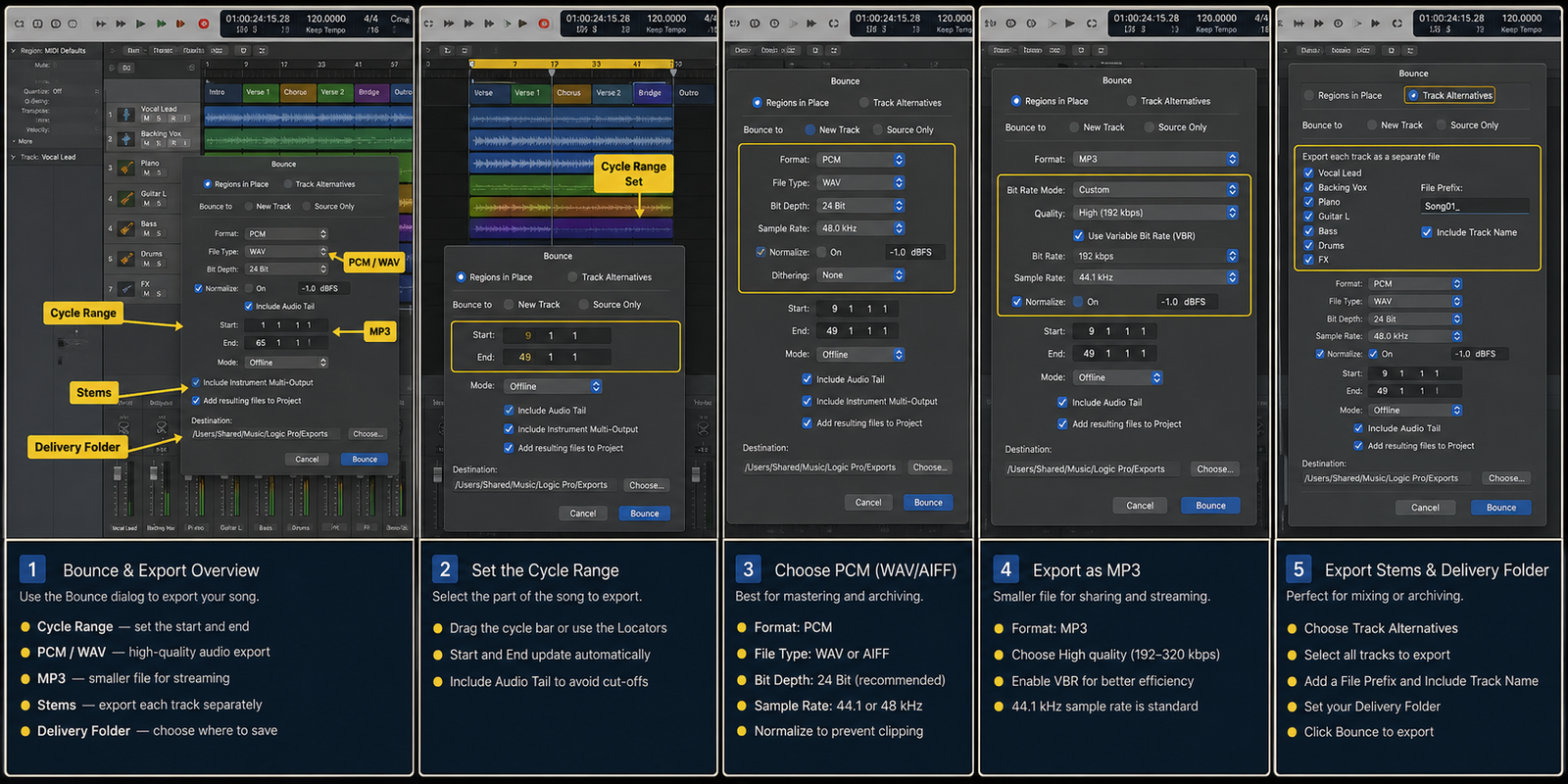 Logic Pro bounce and export workflow with cycle range, WAV, MP3, and stems - GPT Image 2 cover